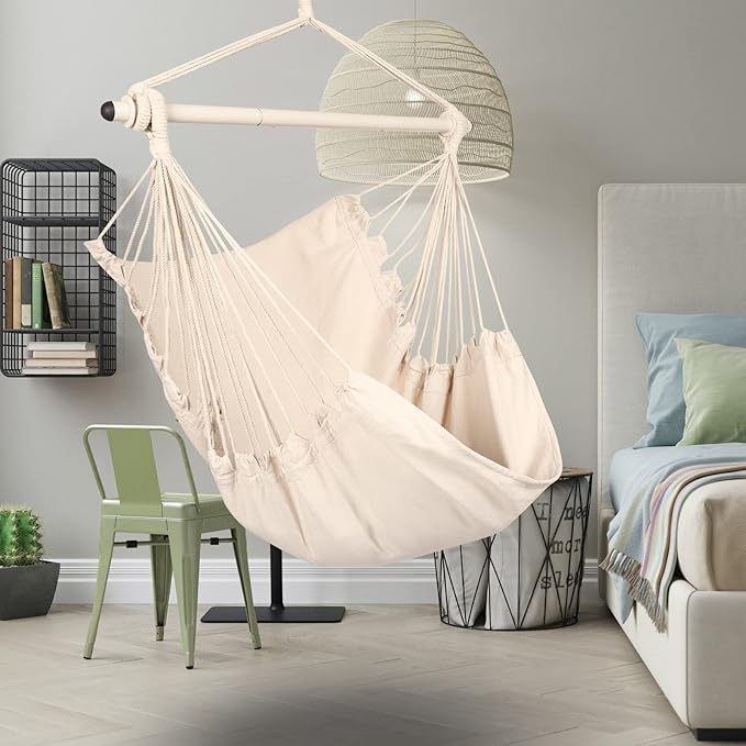 Highwild Hanging Rope Hammock Chair Swing Seat for Any Indoor or Outdoor Spaces - 500 lbs Weight Capacity (Beige)