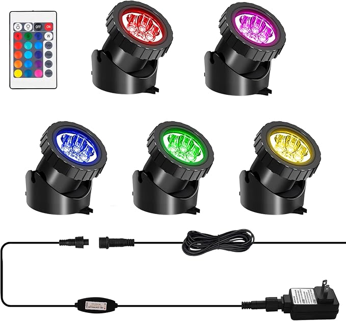 T-SUN LED Pond Light, 5 Head Lamps Submersible LED Pond Lights Color Changing Garden Pond Light with Remote Control, RGB Fish Tank Lights Fountain Spotlight for Garden, Pool, Aquarium Tank(5 Headlamp)