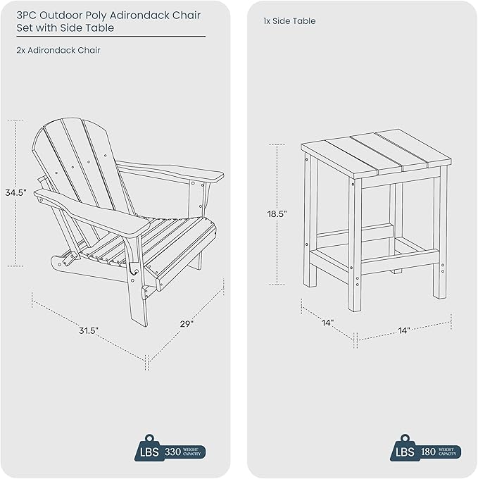 WO Home Furniture Adirondack Chairs Table Set of 3 PCS Outdoor Folding Chairs Side End Table Weather/UV Resistant for Lawn, Garden, Bon Fire, Balcony (Red)