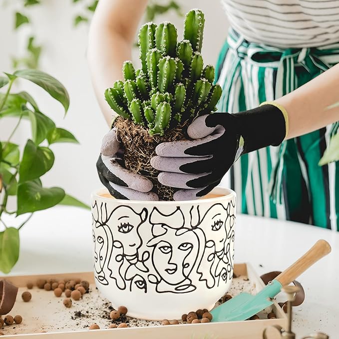 Docrin Plant Pots Indoor with Drainage : 6.6+5.4 Inch Ceramic Flower Pots for Plants - Set of 2 Modern Decorative Face Planters for House/Office/Gift - /Black and White