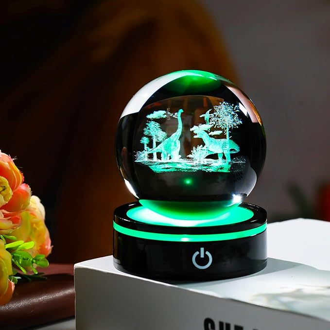 YWHL 3D Dinosaur Figurine Crystal Ball with Colorful Light Base, Dinosaur Gifts for Women Men on Christmas Birthday, 3D Laser Engraved Dinosaur Full Sphere Glass Decorative Ball for Home Office (80mm)