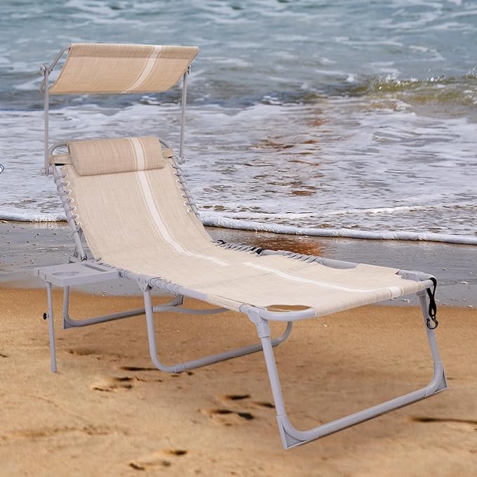 #WEJOY 4 in 1 Tanning Chair with Face Hole & Canopy & Side Table, 5 Positions Adjustable Folding Waterproof Facedown Chaise Lounge with Pillow Quick Dry for Beach Pool Outdoor Camping Patio (Khaki)