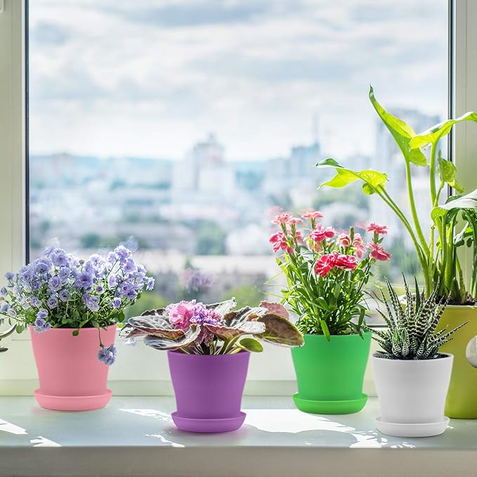 ADXCO 12 Pack 4 Inch Plastic Planters Flower Plant Pots Multi Color Flower Seedling Nursery Pots Thick Outdoor Indoor Plants for Your Room, Office, Garden Decor with Pallet, 8 Colors