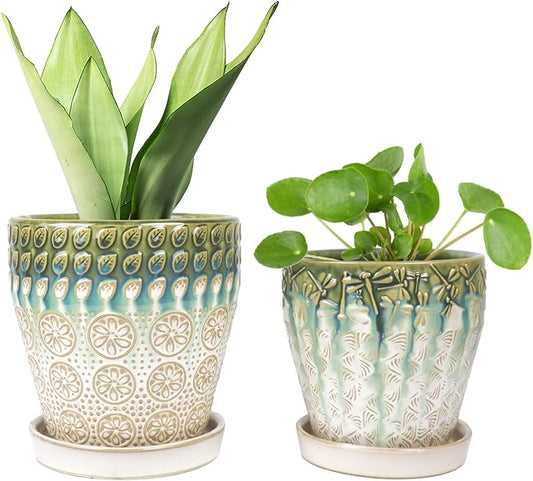 6 Inch + 5 Inch Ceramic Planter with Drainage Hole and Saucer for Plants, Indoor-Outdoor Round Succulent Orchid Garden Flower Pot - Set of 2
