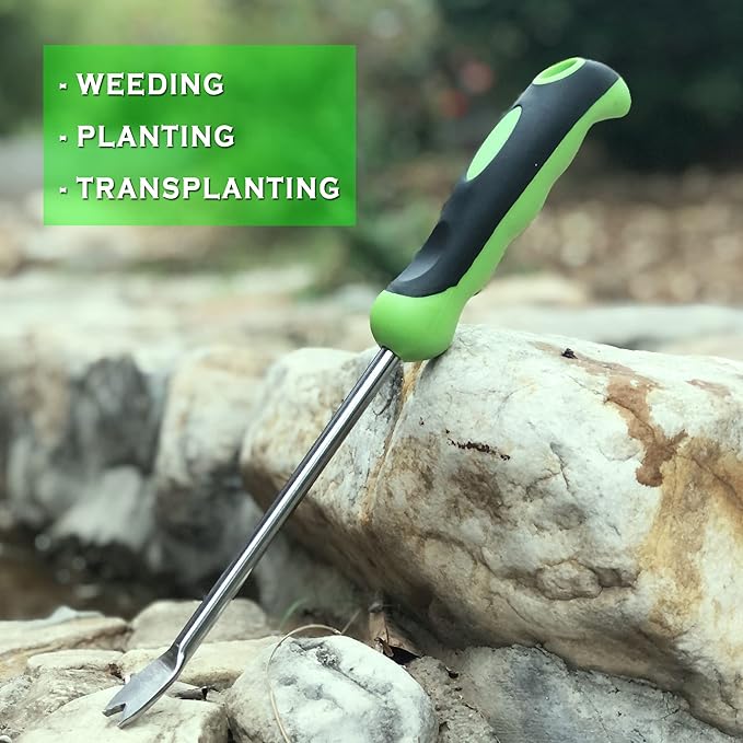 SHANFEEK Dandelion Puller with V-Shaped Shovel Gardening Hand Tools 13-Inch Weed Remover Tool for Garden Yard Weed Puller with Rubber Non-Slip Handle (Green)