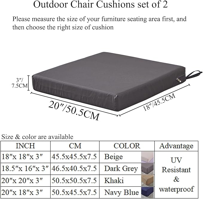 20 x 18 Inch Outdoor Chair Cushions for Patio Furniture UV Resistant Non Slip Waterproof Replacement Patio Seat Cushion with Ties Set of 2, Khaki