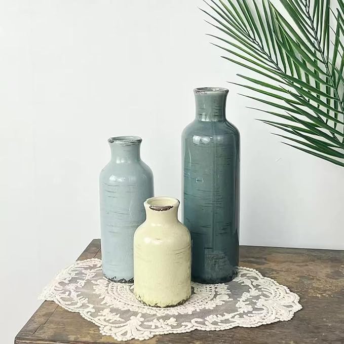 Ceramic Vase Set of 3,Small Rustic Vintage Decorative Vase for Home Decor,Modern Farmhouse Vases for Living Room,Table Shelf,Centerpieces,Fireplace and Entrance Decorative-Multicolor