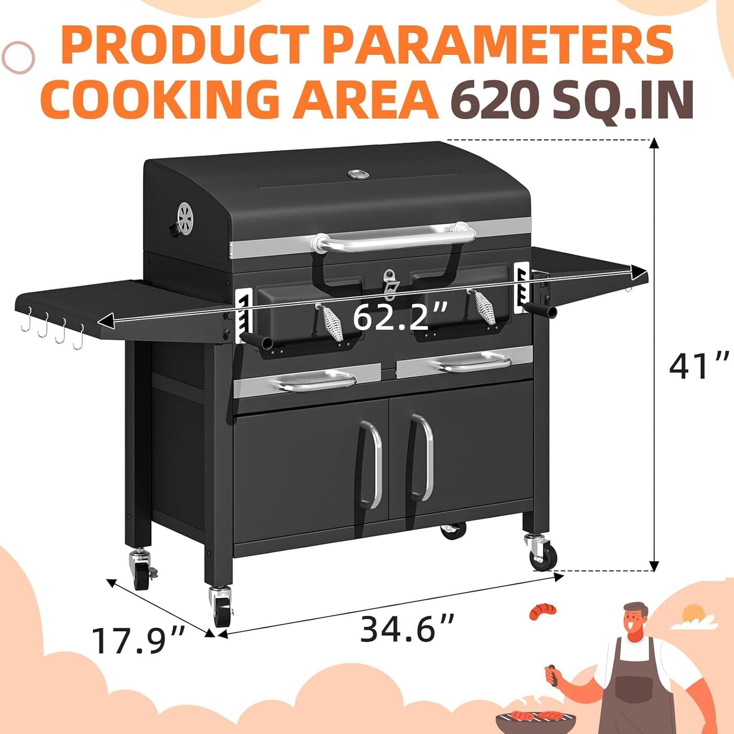 MELLCOM 36 In Extra Large Charcoal Grill - 620 Sq.In Oversized BBQ Area with Storage Cabinet & Individual Lifting Charcoal Trays, Thermometer and Foldable Side Tables for Outdoor