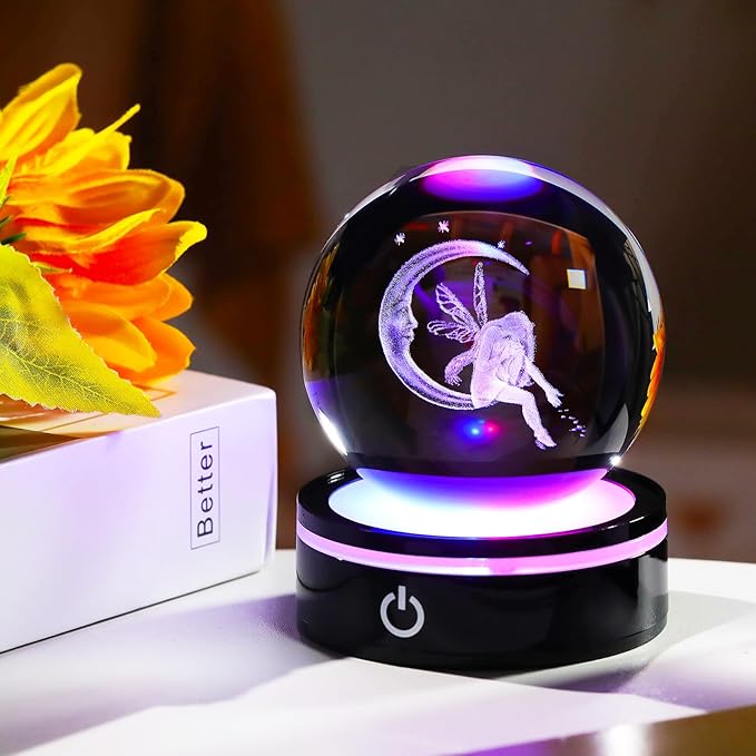 YWHL 3D Moon Fairy Figurine Crystal Ball with Colorful Light Base, Fairy Gifts for Women Girls on Christmas Birthday, 3D Laser Engraved Elf Full Sphere Glass Decorative Ball for Home Office (80mm)