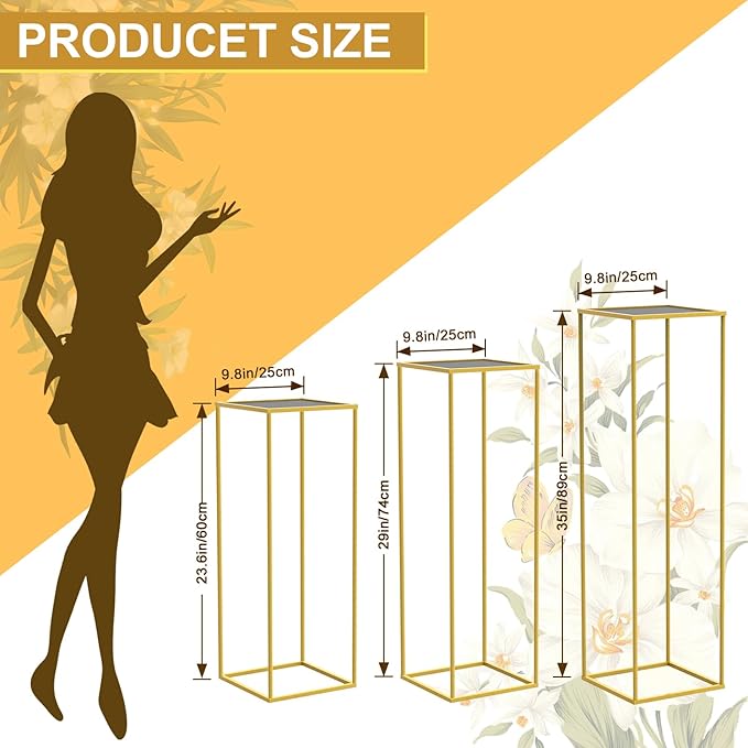 chamvis Gold Metal Plant Stand, 3 Pcs Tall Cylinder Pedestal Stands for Parties and Weddings, Gold Square Cylinder Tables for Living Room and Patio Decor