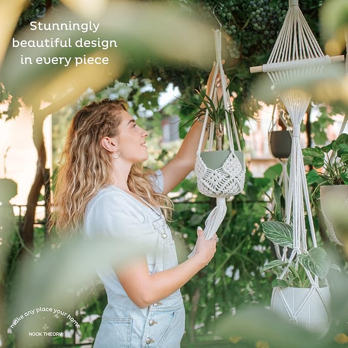 Nook Theory 4-Pack Macrame Plant Hanger - with 8 Ceiling Hooks - Hanging Planter Indoor Outdoor - Hanging Plant Holder - Decorative Bohemian Plant Hangers - Hanging Plants (Pearl)