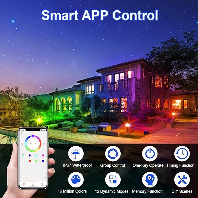 Spot Lights Outdoor, RGB Landscape Lighting 4XPack 15W IP67 Waterproof Spotlight Outdoor with Smart APP Control for Pathway Lights,LED Indoor Light(DC/AC 12V)