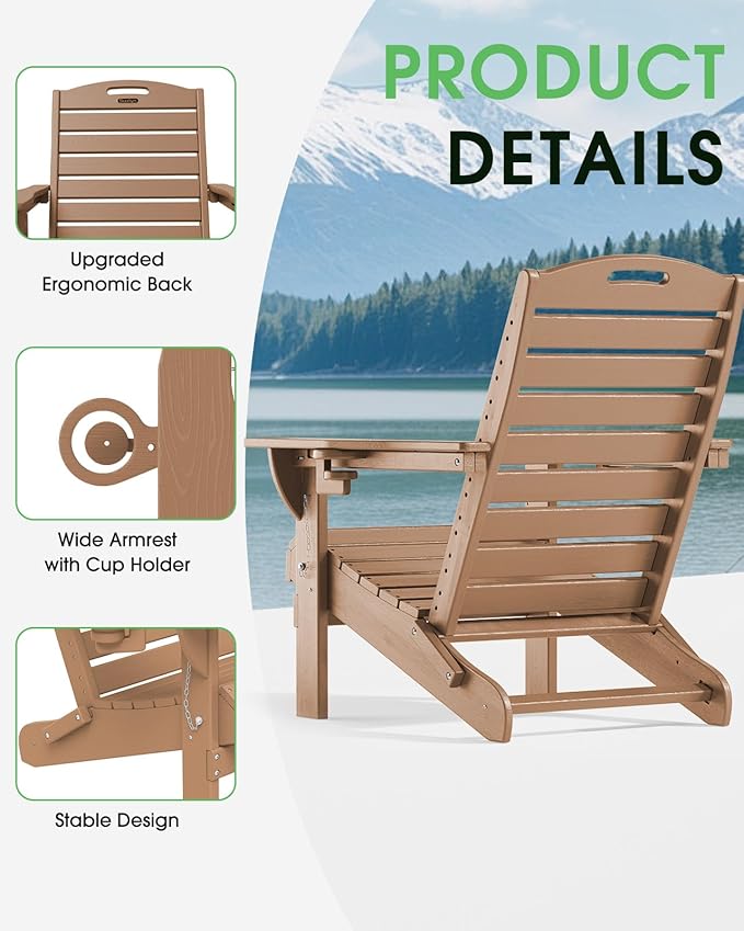 Adirondack Chairs Set of 4, Outdoor Fire Pit Chairs, HDPE All-Weather Adirondack Chairs with Cup Holder, Lawn Chair for Deck, Patio, Garden (Teak)