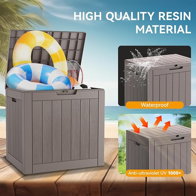 33 Gallon Outdoor Storage Box, Waterproof Resin Deck Box for Indoor & Outdoor Use – Lockable Patio Storage Bin for Garden Tools, Package Deliveries, Pool Accessories, Sports Gear & Furniture-Grey