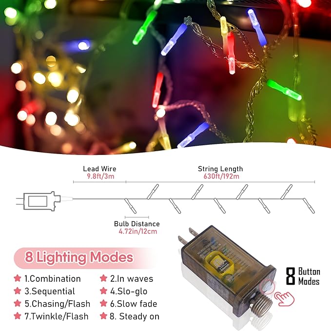 Heceltt 1600 LED 630FT String Lights Outdoor, 8 Modes Christmas Lights Plug in, IP44 Waterproof Led String Lights with Timer and Memory for Christmas Holiday Wedding Decorations (Multicolor)