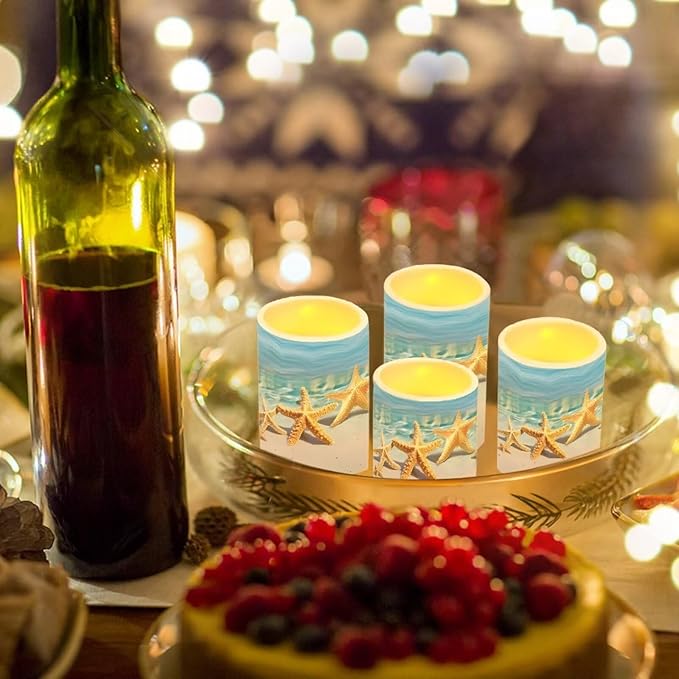 Flameless Candles Battery Powered LED Candle with Remote Timer Color Changing Control Set of 4 for Indoor Outdoor Beach Wedding Coastal Home Decorations, Beach Starfish Blue Sea
