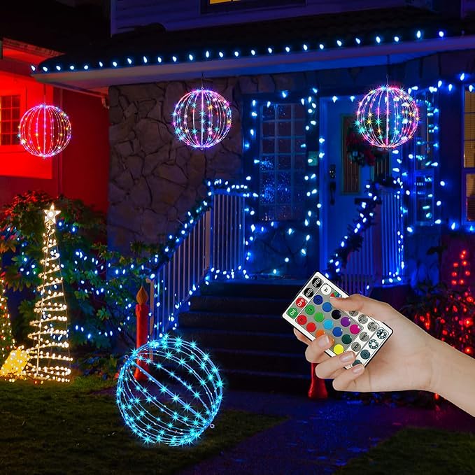 Christmas Ball Sphere, 10IN 48LED Hanging Tree and Pathway Light With Hook and Stake, Foldable Metal Frame Ball for Outdoor Garden, UL Listed, White Frame, RGB