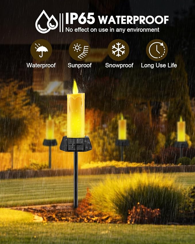 Solar Lights Outdoor Waterproof, Electric LED Flameless Candles with 3 Solar Panels, Solar Pathway Lights for Christmas Outdoor Party Yard Camping Garden Home Decorations, 2 Pack