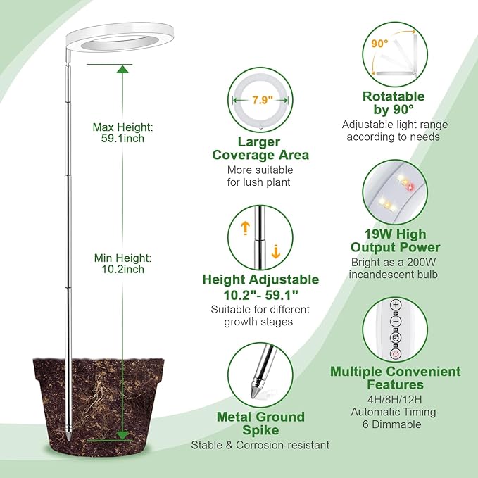 LORDEM Grow Light for Indoor Plants, 7.9" Full Spectrum LED Plant Grow Light, Height Adjustable Growing Lamp with Auto Timer 4H/8H/12H, 6 Dimmable Levels, Ideal for Indoor Large Tall Plants, 2 Packs
