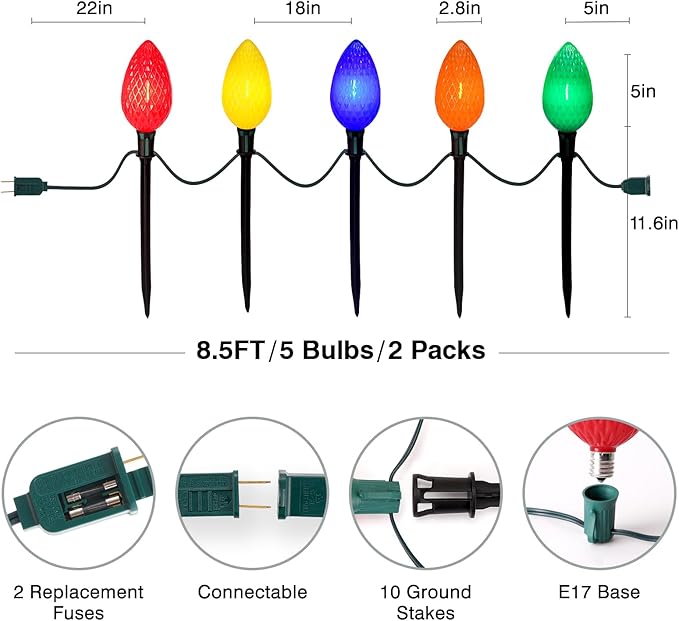 2 Packs Outdoor Christmas Decorations, Jumbo C9 Christmas Pathway Lights or Xmas String Lights, 8.5 Feet 5 LED Multicolored Large Bulbs, Waterproof Marker Lights for Yard Holiday Lawn Walkway Garden