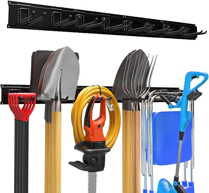 Garage Garden Tool Organizer Wall Mount, Heavy Duty Garage Tool Storage Rack 64 Inches, Max Load 440lb - Shovel, Rake, Folding Chair, Weed Eater Storage