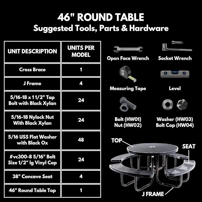 Heavy-Duty Portable Outdoor Picnic Table with Umbrella Hole, Punched Steel Commercial-Grade Patio Dining Furniture Made in America (46" Round Top, Orange)