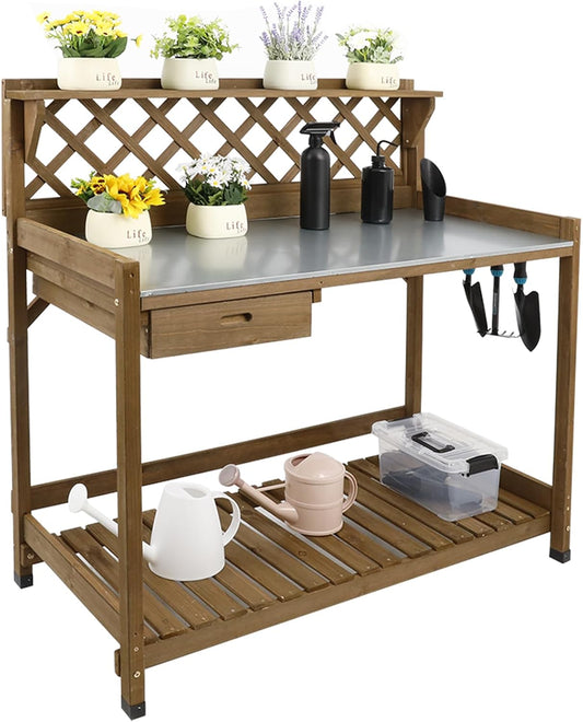 Garden Potting Bench with Metal Tabletop,Outdoor Potting Table Workstation Benches with Drawer/Storage Shelf，Fir Wood Potting Station Work Table with Open Shelf,Lattice Back (Brown)