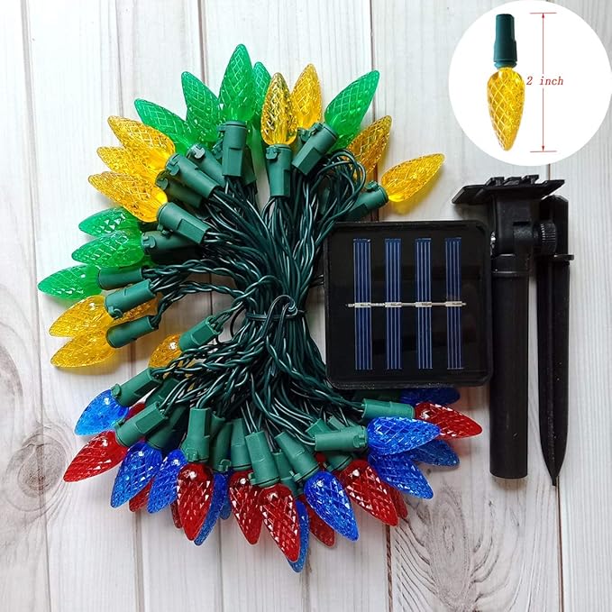 2 Pack Solar Christmas Lights Outdoor C6 Strawberry String Lights, LED Christmas Fairy Lights 50 LEDs Solar Operated Rechargeable Garden Lights for Christmas Tree, Holiday, Arbor Decor(Multicolor)