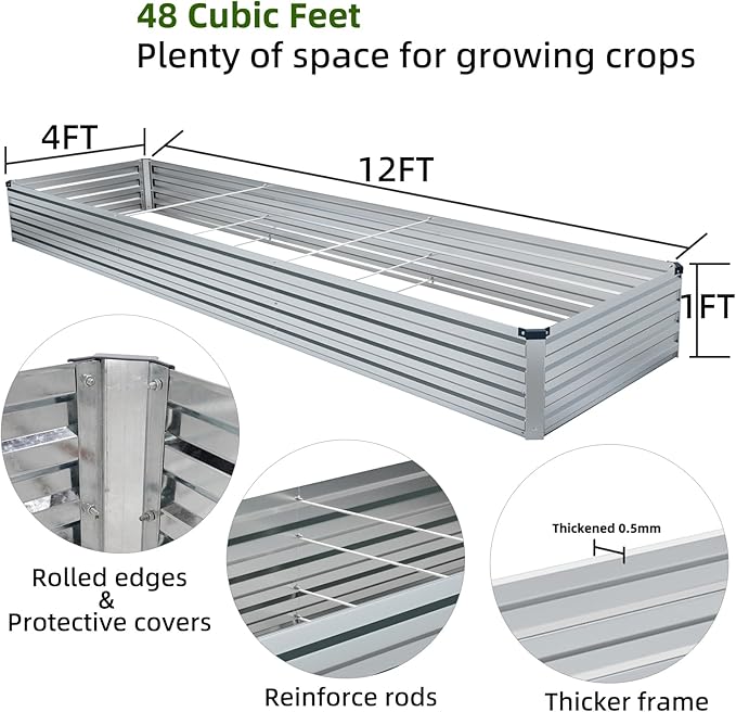 12x4x1FT Galvanized Raised Garden Beds Kit Large Outdoor Metal Gardening Planter Box for Vegetable Elevated Flower Herbs, Silver