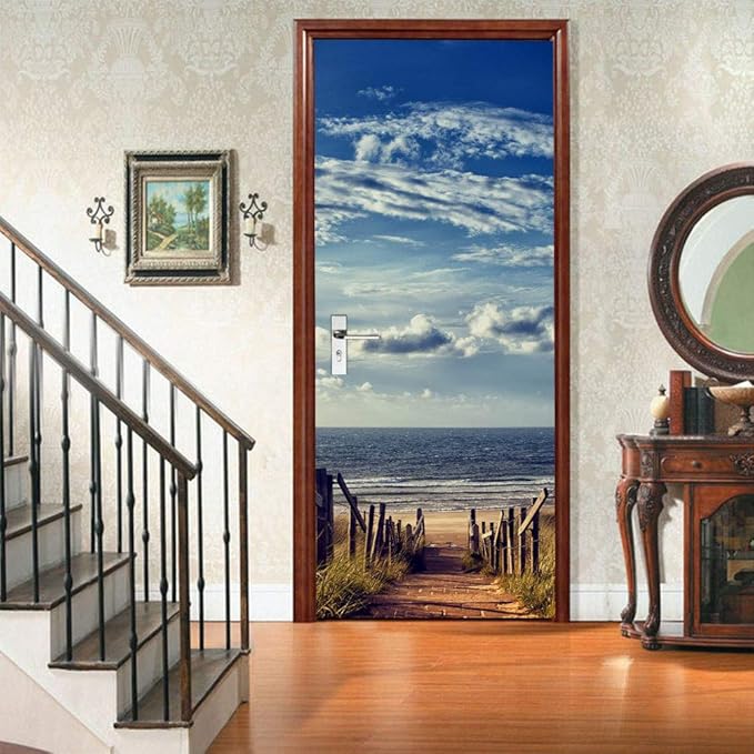3D Door Stickers Murals Peel and Stick - Beach Road Wallpaper Self-Adhesive Decals - Removable PVC Waterproof Poster for Bedroom Living Room Decoration 33.9" x 78.7"