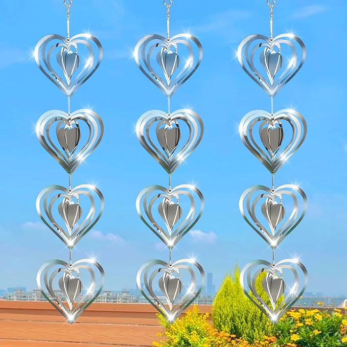 12 Metal Heart Bird Scarer Discs Set, Wind Spinners 3D Helix Reflector Stainless Steel Sparkly Outdoor Garden Decor, Scare Birds & Animals Away from Garden Yard Patio Lawn Farm Wind Sculpture Gifts