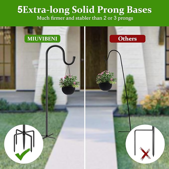 Shepherds Hooks for Outdoor, 48 Inches Garden Bird Feeder Pole for Hanging Bird Feeder, Plant Baskets, Solar Light Lanterns, Outdoor Plant Hanger Hook with 5 Base Prongs,1 Packs