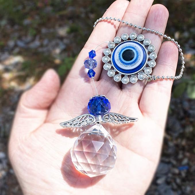 Handmade Crystal Angel Suncatcher Hanging Turkish Blue Evil Eye Protection Pendant and Good Luck Charm Gift