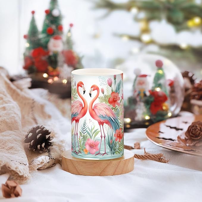 Flickering Flameless Candles, Pink Flamingo Print LED Candles with Remote Timer, Set of 2 Battery Operated Candle for Valentine Wedding Birthday