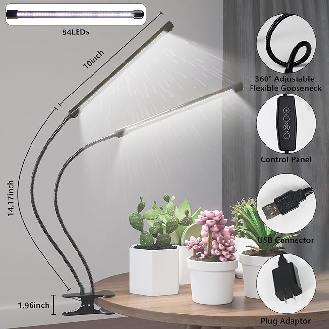 [2024 Newest] Grow Light, 6500K Full Spectrum White Red Blue 84 LED Plant Lamp Clip-on Desk for Indoor Plants Growing, 5 Dimmable Levels & Timer Setting 4/8/12H