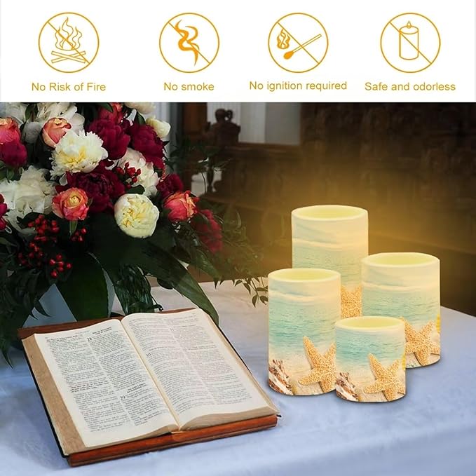 Flameless Candles Battery Powered LED Candles with Remote Timer Color Changing Control Long Lasting for Indoor Outdoor Beach Home Decoration Set of 4, Coastal Starfish Blue Sea
