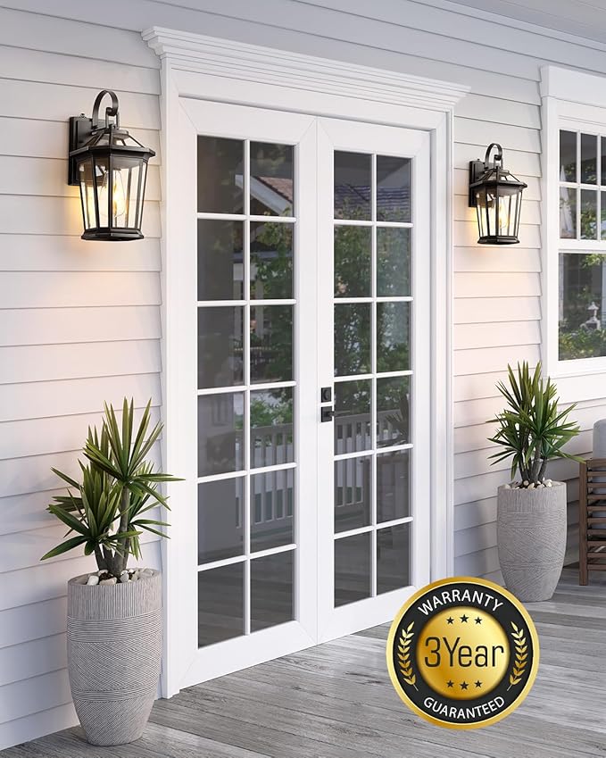 VIANIS Dusk to Dawn Outdoor Wall Lighting, Exterior Light Fixture Wall Mount for House Front Porch Light, Black Anti-Rust Aluminium Modern Outside Coach Lantern with Tempered Glass Shade for Garage