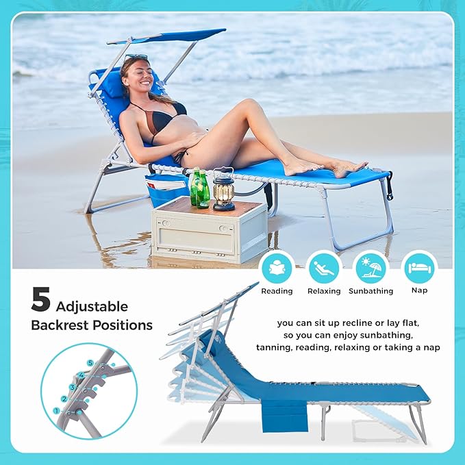 #WEJOY Folding Lounge Chair with Canopy Shade, Portable Adjustable 5-Position Patio Chaise Lounger with Pillow & Storage Pocket for Lay Flat Outdoor Lawn Backyard Beach Camping Pool Tanning (Blue)