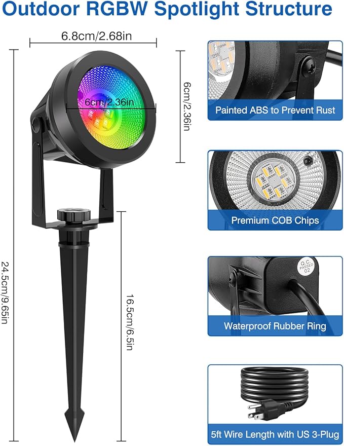 RGB Spotlights Outdoor, Color Changing Landscape Lights, Waterproof Spotlight with US Plug for Yard Tree Garden Path House Halloween Christmas Decoration(6 Pack)