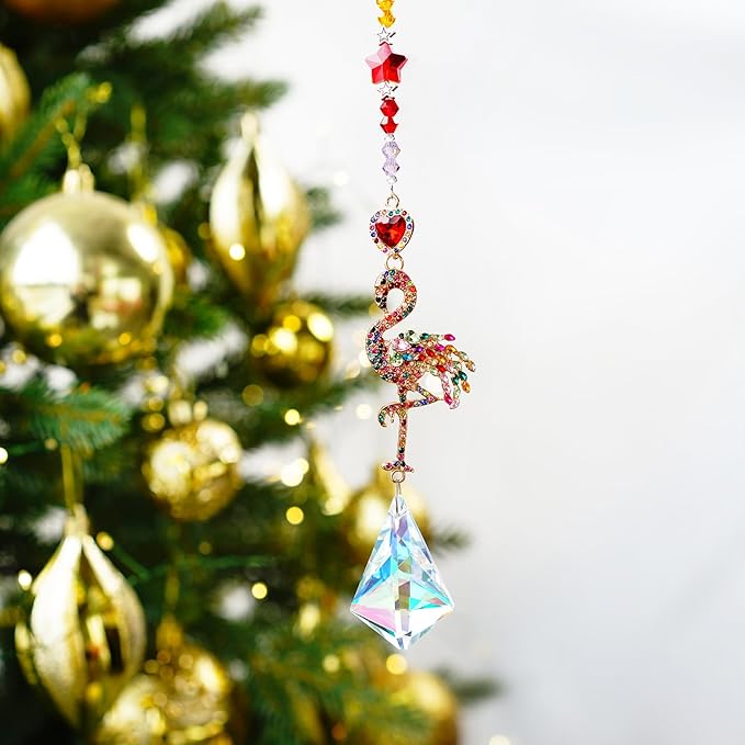Flamingo Colorful Crystal Rhinestones Suncatcher Window Hang Pendant, Hanging Crystals for Windows,Christmas Tree,Wedding Decor