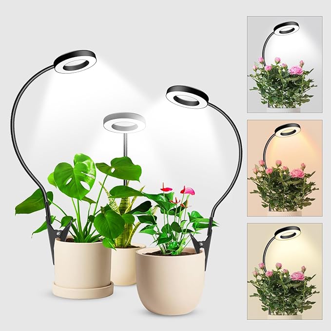 wolezek 2 in 1 Grow Lights for Indoor Plants, 3 Colors Plant Lights for Indoor Growing with 360° Gooseneck, 48 LEDs Full Spectrum Plant Grow Lights Indoor, 6/12/16H Timer, 5 Brightness, Black 3 Pack