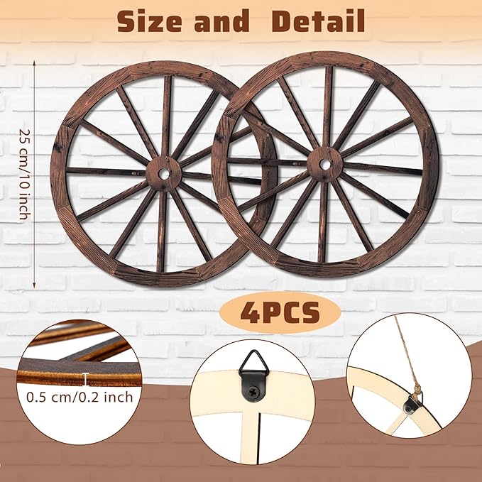 Qunclay 4 Pcs Wooden Wagon Wheel Wall Decor Old Western Wood Boho Wall Art Farmhouse Boho Wagon Wheels Rustic Yard Decor Wood Hanging Decorations for Garden Home Bar Garage (10 Inch)