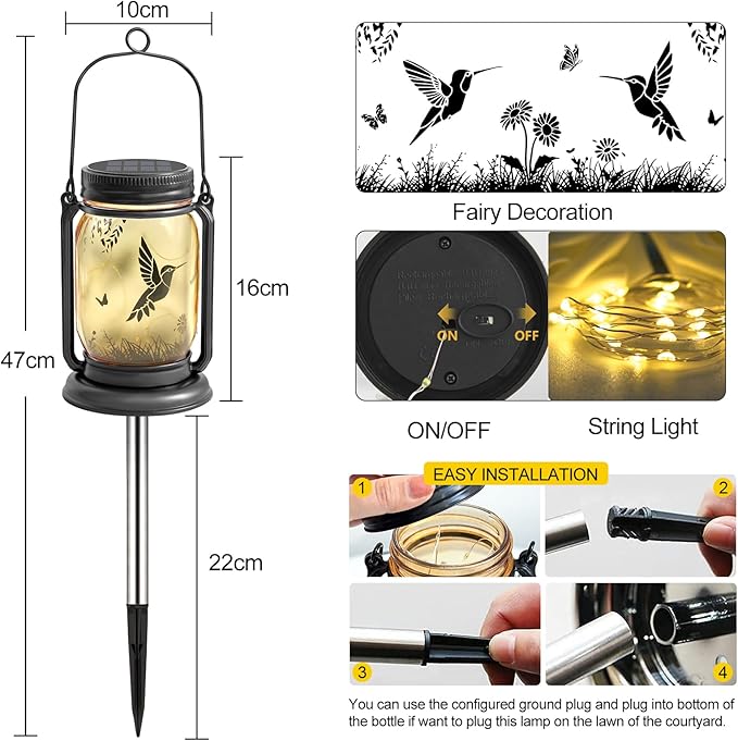 2 Pack Hummingbird Solar Outdoor Lanterns, Birthday Mothers Day Gifts for Women Mom Grandma, Vintage Glass Mason Jar Solar Fairy Lights, Waterproof Garden Lights for Patio Yard Lawn Tree Party Decor