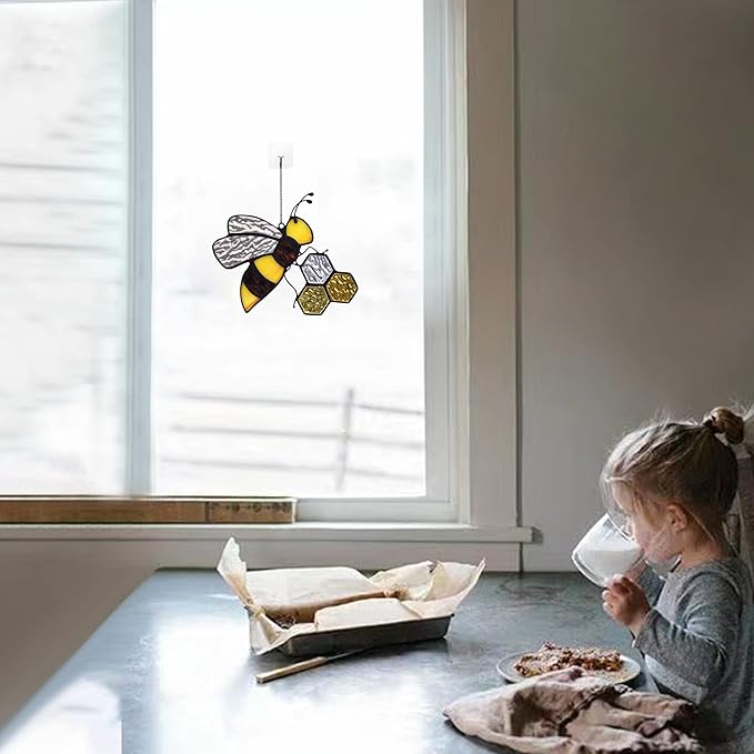 Bee On Honeycomb Stained Glass Window Hangings, Bee Suncatcher Garden Bee Decor Bee Gift for Mom Women
