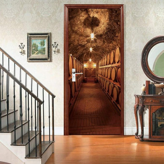 3D Door Stickers Murals Peel and Stick - Wine Cellar Wallpaper Self-Adhesive Decals - Removable PVC Waterproof Poster for Bedroom Living Room 35.4" x 78.7"