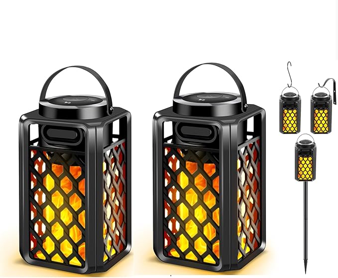 Outdoor Bluetooth Speaker with Led Flame, IP65 Waterproof Wireless Bluetooth Speaker, HD Audio, Atmosphere, 2 Pack