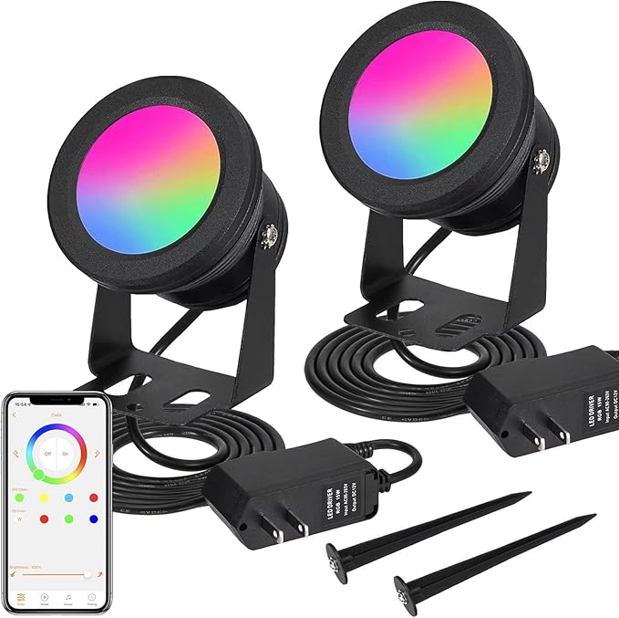 Spotlight, 15W Spot Lights Outdoor RGB IP67 Waterproof Landscape Spotlights with Bluetooth Dimmable for Smart Intelligent Yard LED,12V Low Voltage House Garden Path Decoration(2 Pack)