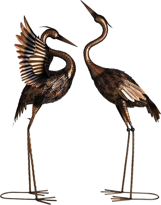 TERESA'S COLLECTIONS Yard Decorations Outdoor Garden Statues, Brass Metal Crane Yard Art, 25-26inch Lawn Ornaments for Backyard, Outside Porch, Patio, Wedding Decor,Set of 2,Spring Decor,Gifts for Mom