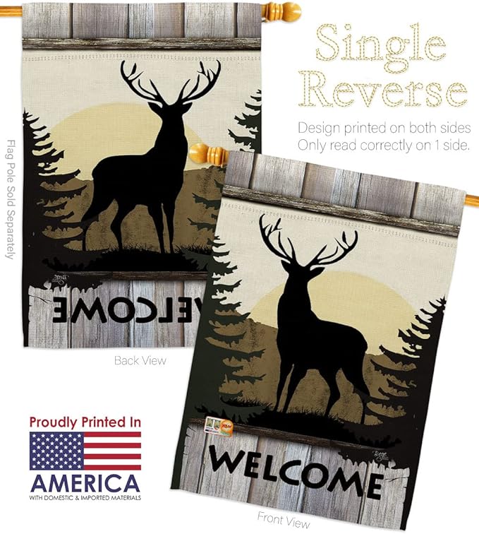 Welcome Deer House Flag Set Animals Wildlife Outdoor Bear Wolf Pet Nature Farm Animal Creature Decorative Yard Banner Made In USA 28 X 40