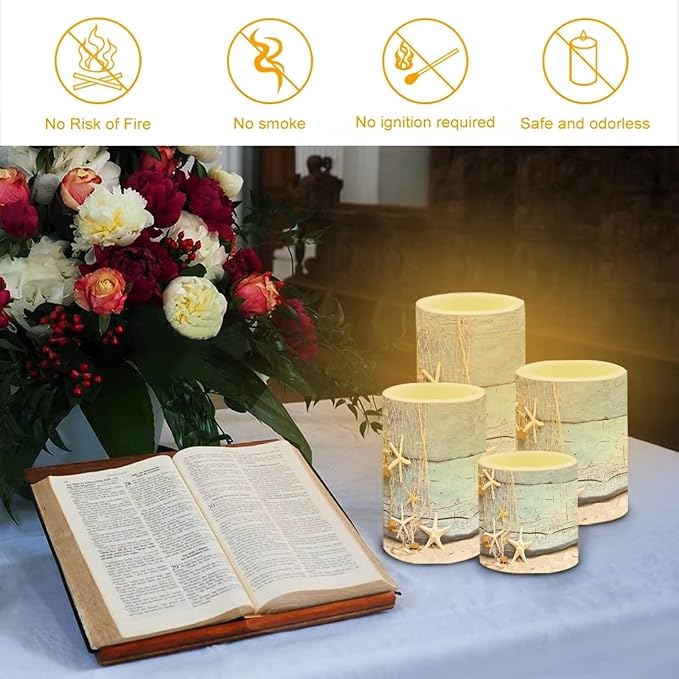 Flameless Candles 4 Pcs, Battery Powered with Timer Remote Control Color Changing Everlasting Pillar Candle Set Indoor Outdoor Coastal Decor, Beach Starfish with Blue Wood Grain
